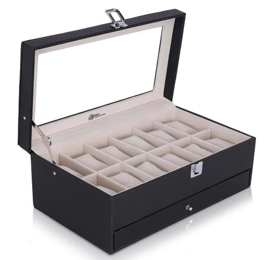 Folk Creations Black 12 Slots Watch Storage Box with Additional Drawer for Storage 12-slots-double-layer-acr-wb-black free shipping india-cash on delivery
