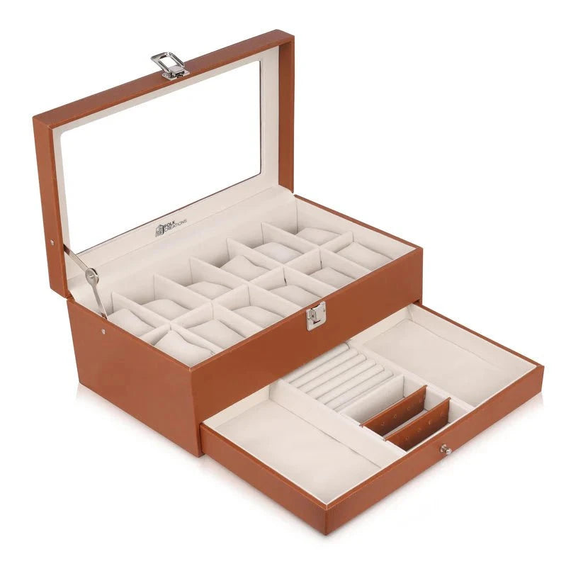 Folk Creations Tan 12 Slots Watch Storage Box with Additional Drawer for Storage 12-slots-double-layer-acr-wb-tan free shipping india-cash on delivery