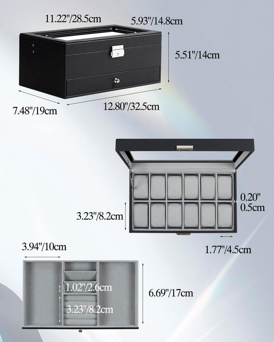12 Slots Watch Storage Box with Additional Drawer for Storage