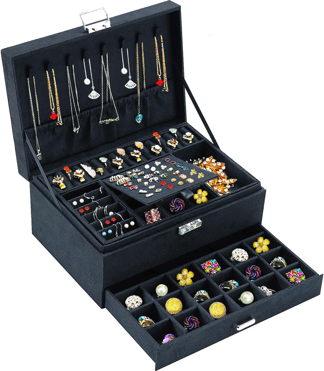 Folk Creations Black VelvetVault : 3-Layer Jewelry Organizer with Lock 3layer-jewellery-box-black free shipping india-cash on delivery
