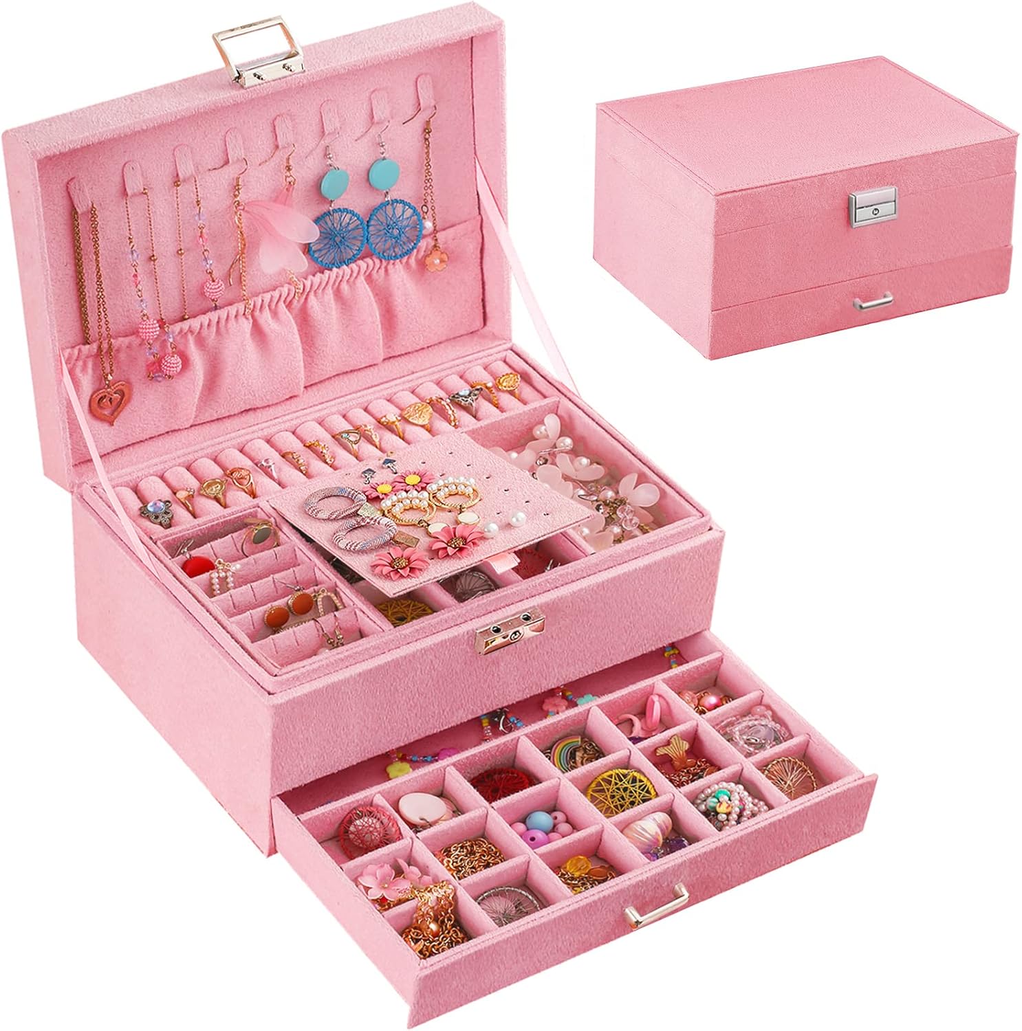 Folk Creations Pink VelvetVault : 3-Layer Jewelry Organizer with Lock 3layer-jewellery-box-pink free shipping india-cash on delivery