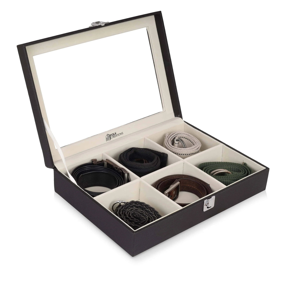 Black six-slot belt organiser box open on white with six rolled belts in cream velvet compartments