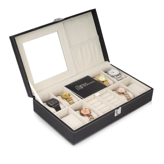 Multipurpose organiser open with eight cushioned watch slots, jewellery compartments and a mirror in the lid