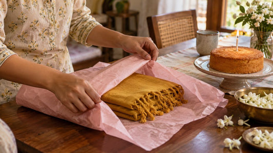 Hands wrap a mustard scarf in plain pink paper beside a small birthday cake and fresh jasmine flowers.