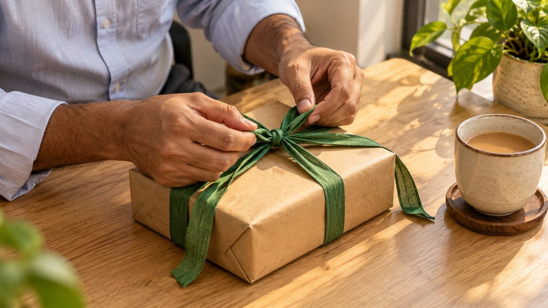 Hands tie green ribbon around a plain paper gift parcel on a sunlit office table beside a ceramic cup.