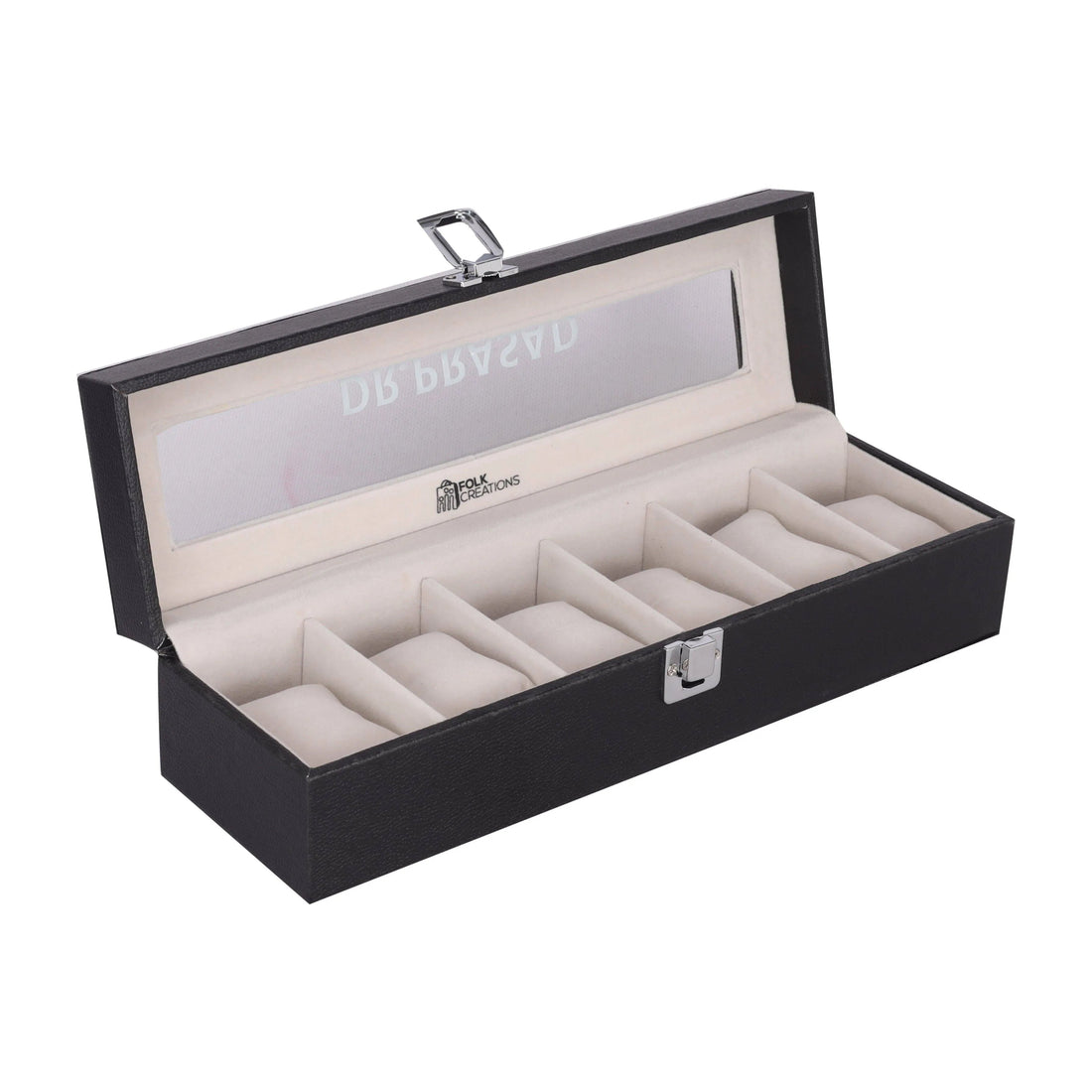 Personalised black six-slot watch box open, with a name printed across the glass lid