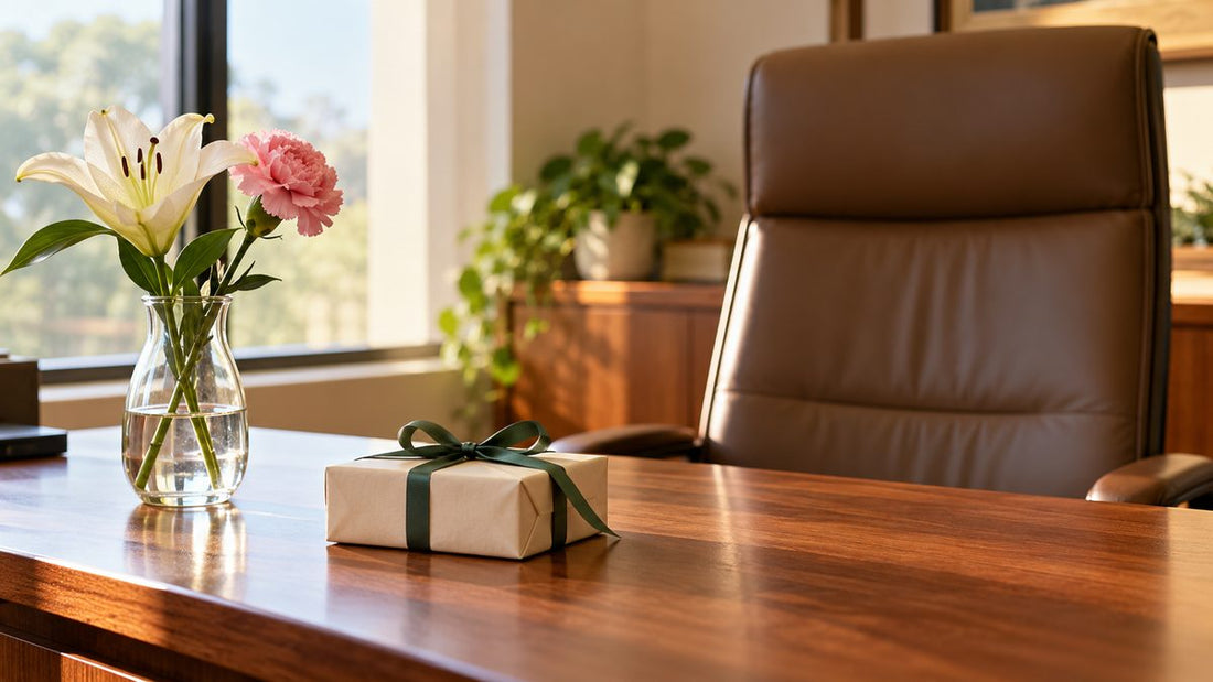 A small cream-paper gift with a green ribbon sits beside a vase of flowers on a sunlit wooden office desk.