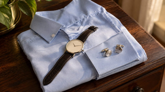 A watch with a plain ivory dial and silver cufflinks lie on a folded blue shirt on a wooden dresser.