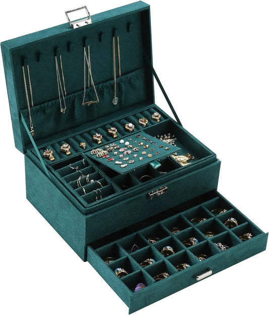 Green three-layer jewellery box open, necklace hooks in the lid, rings and earrings in the trays and a full bottom drawer