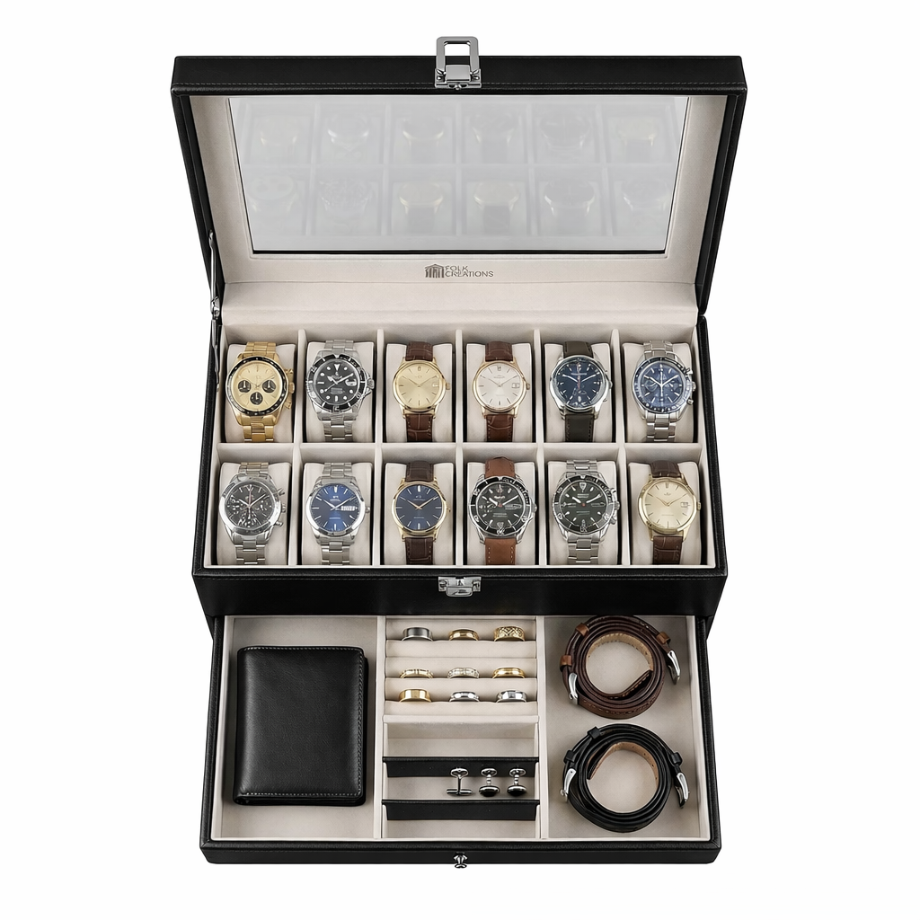 12 Slots Watch Storage Box with Additional Drawer for Storage