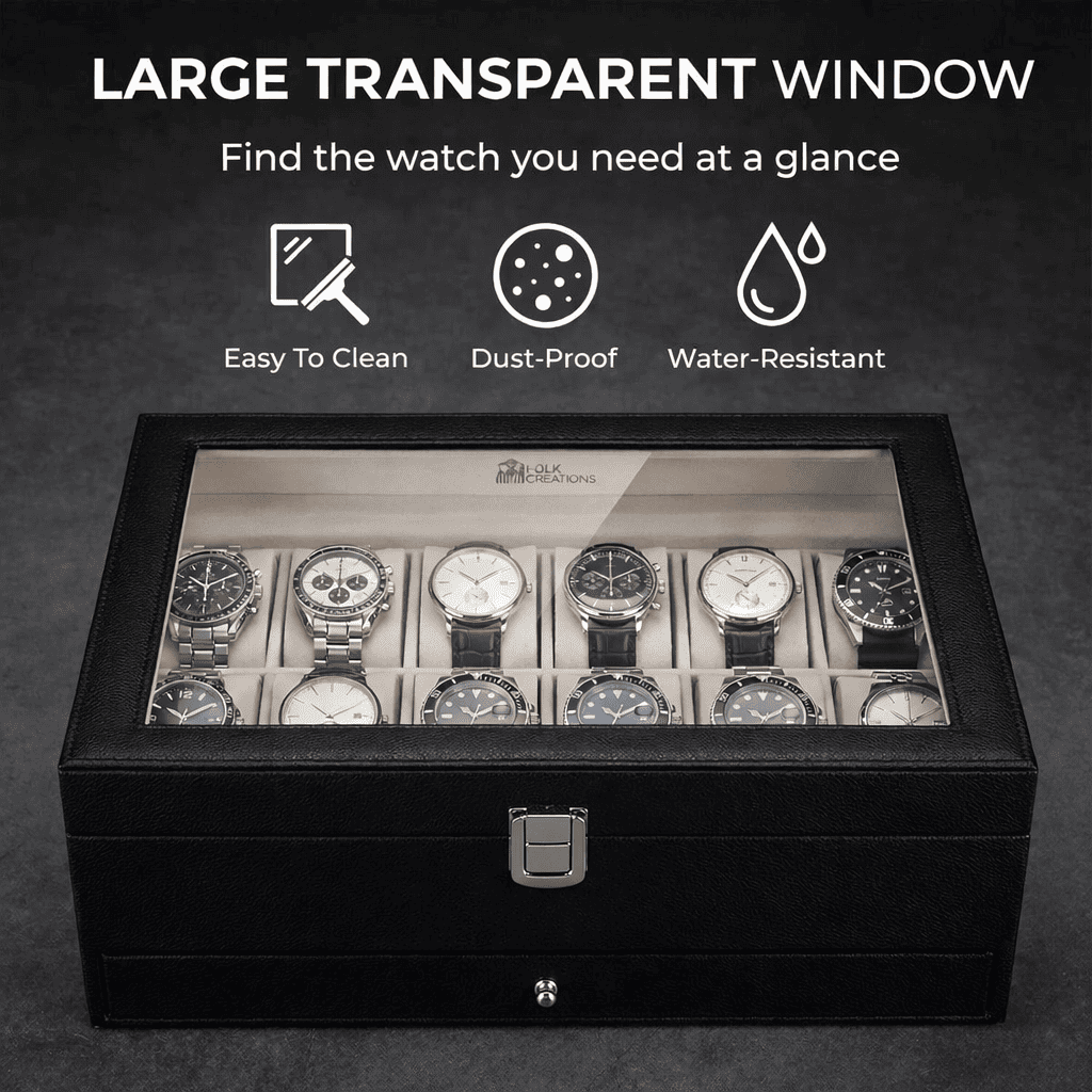 12 Slots Watch Storage Box with Additional Drawer for Storage