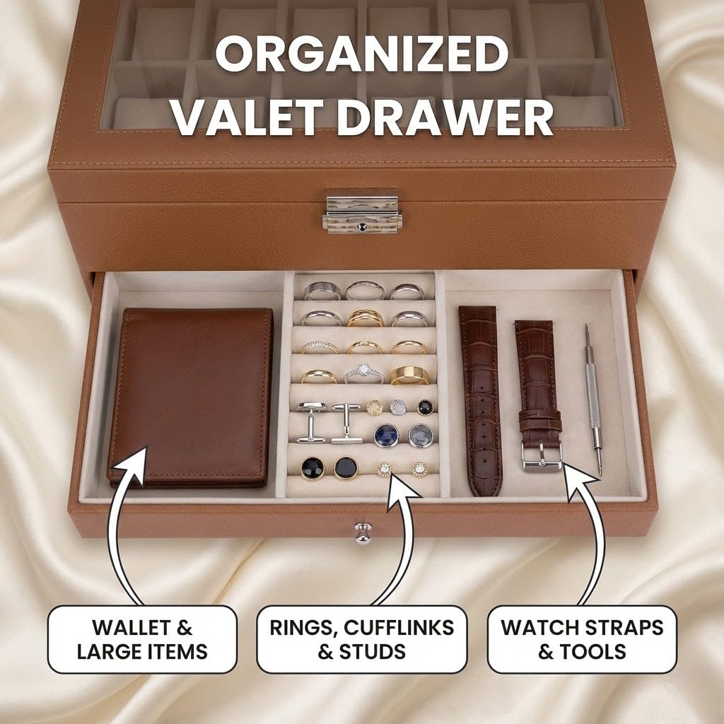 12 Slots Watch Storage Box with Additional Drawer for Storage