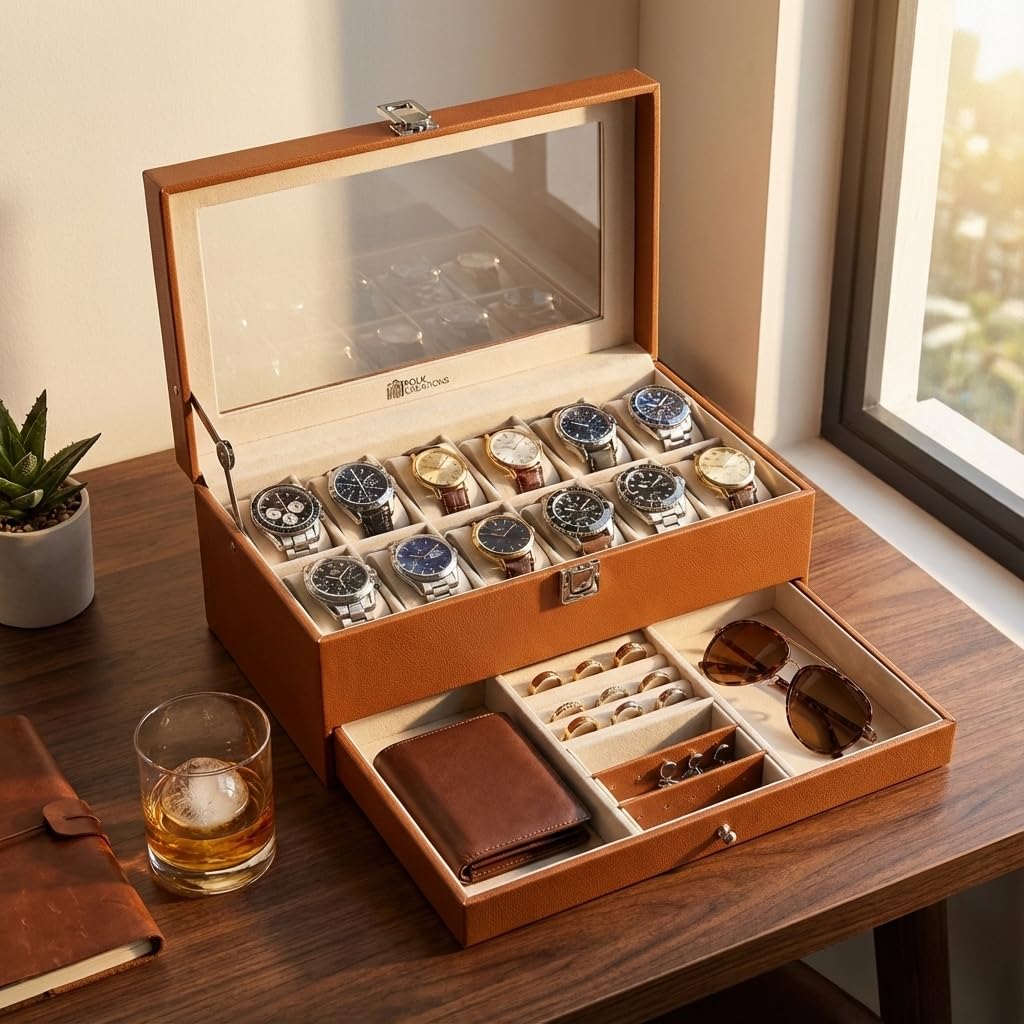 12 Slots Watch Storage Box with Additional Drawer for Storage
