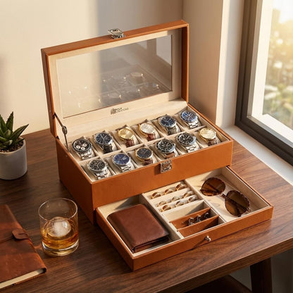 12 Slots Watch Storage Box with Additional Drawer for Storage