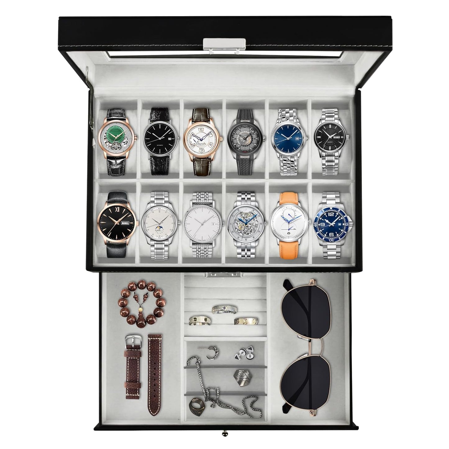 12 Slots Watch Storage Box with Additional Drawer for Storage