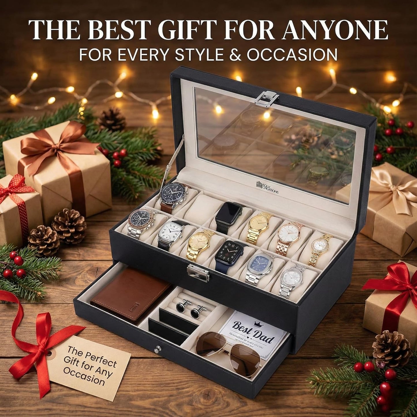 12 Slots Watch Storage Box with Additional Drawer for Storage