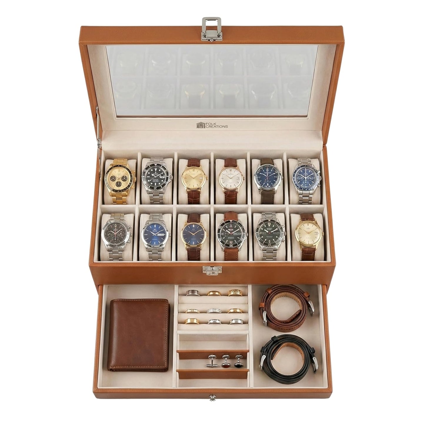 12 Slots Watch Storage Box with Additional Drawer for Storage