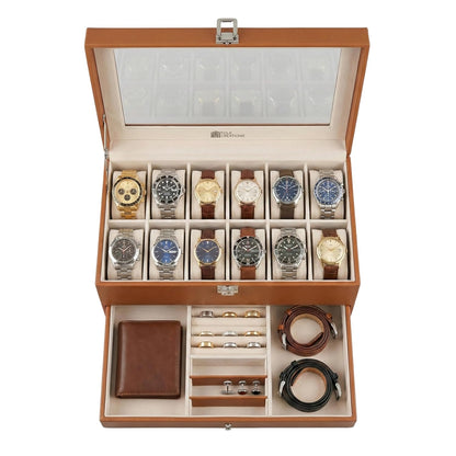 12 Slots Watch Storage Box with Additional Drawer for Storage
