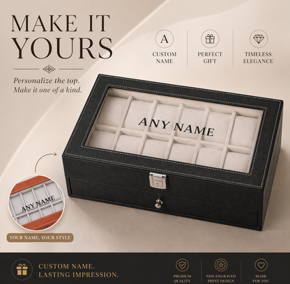 Customize Name - 12 Slots Watch Box with additional Drawer