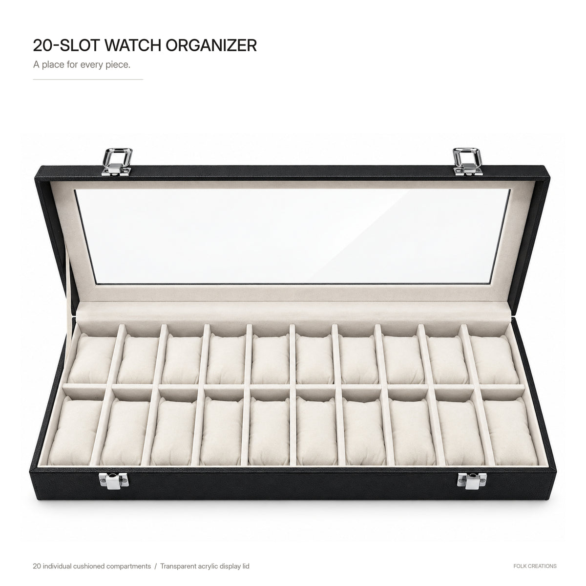 20-slot black watch organizer open with transparent acrylic display lid, cream cushions and two rows of ten watch slots
