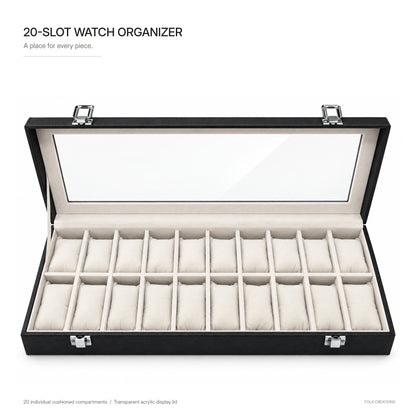 20-slot black watch organizer open with transparent acrylic display lid, cream cushions and two rows of ten watch slots