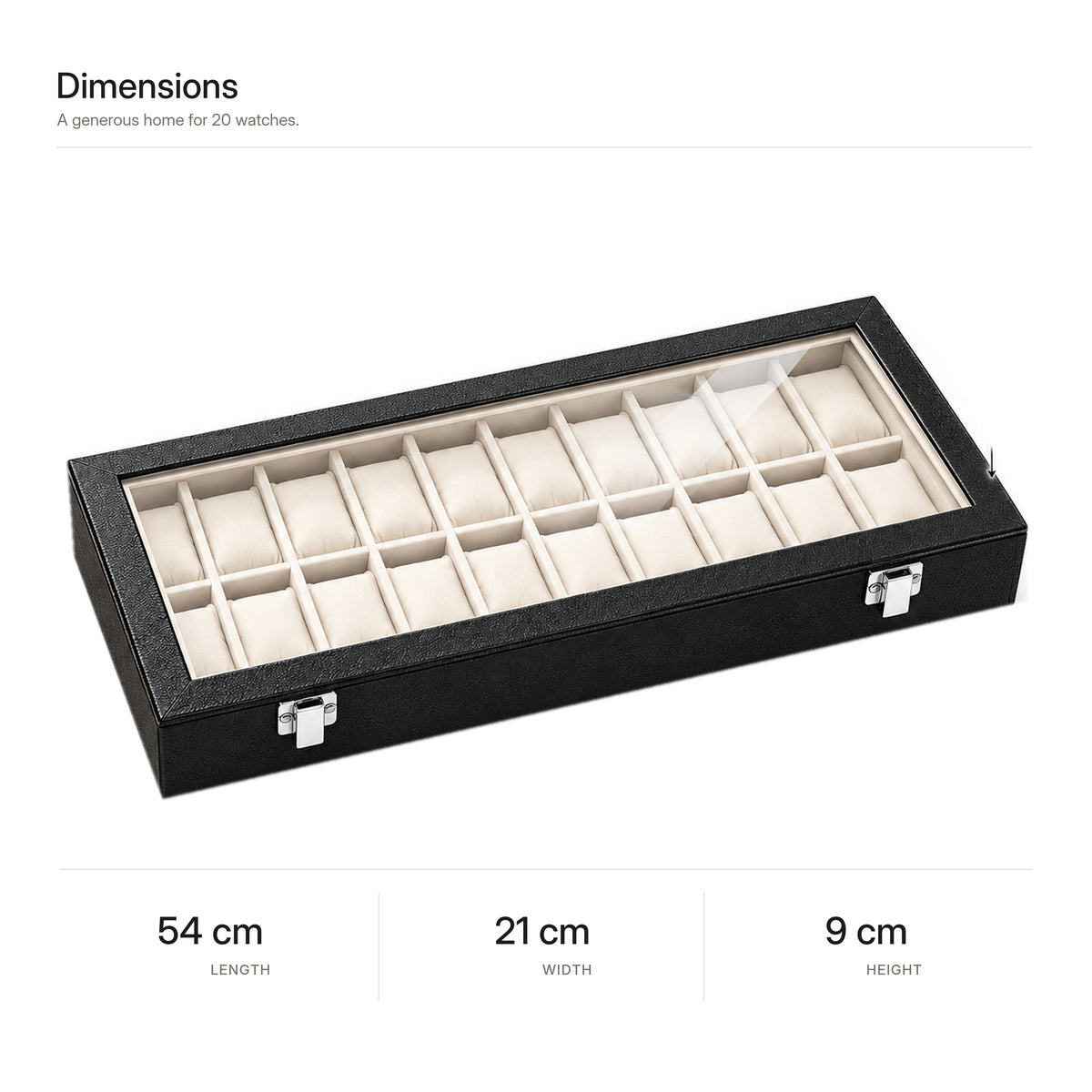 20-slot watch organizer size guide: 54 cm length, 21 cm width and 9 cm height