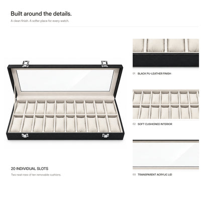 20-slot watch box materials: black PU leather exterior, transparent acrylic lid, soft cream interior and metal clasps
