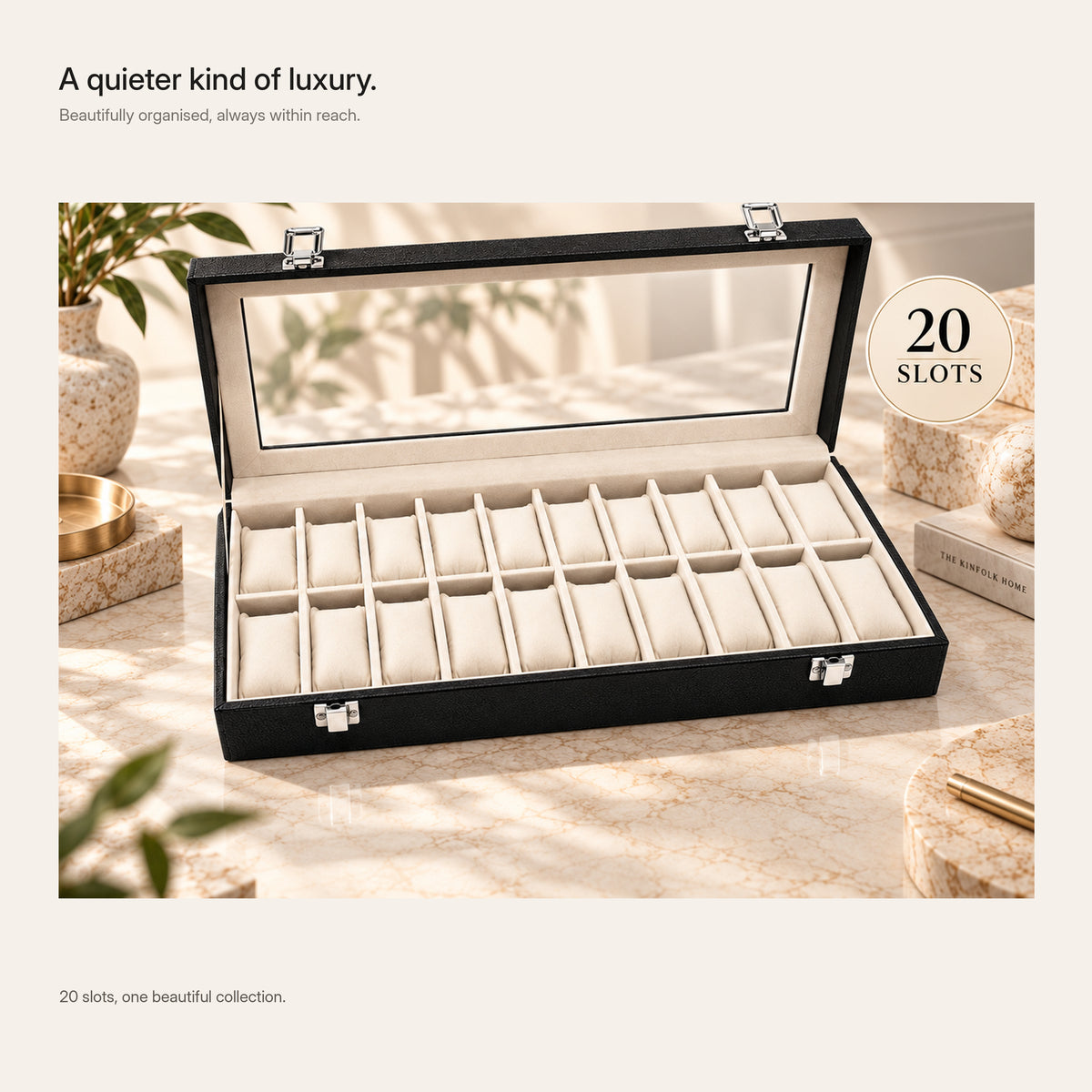 Open 20-slot watch organizer displayed in a refined lifestyle setting