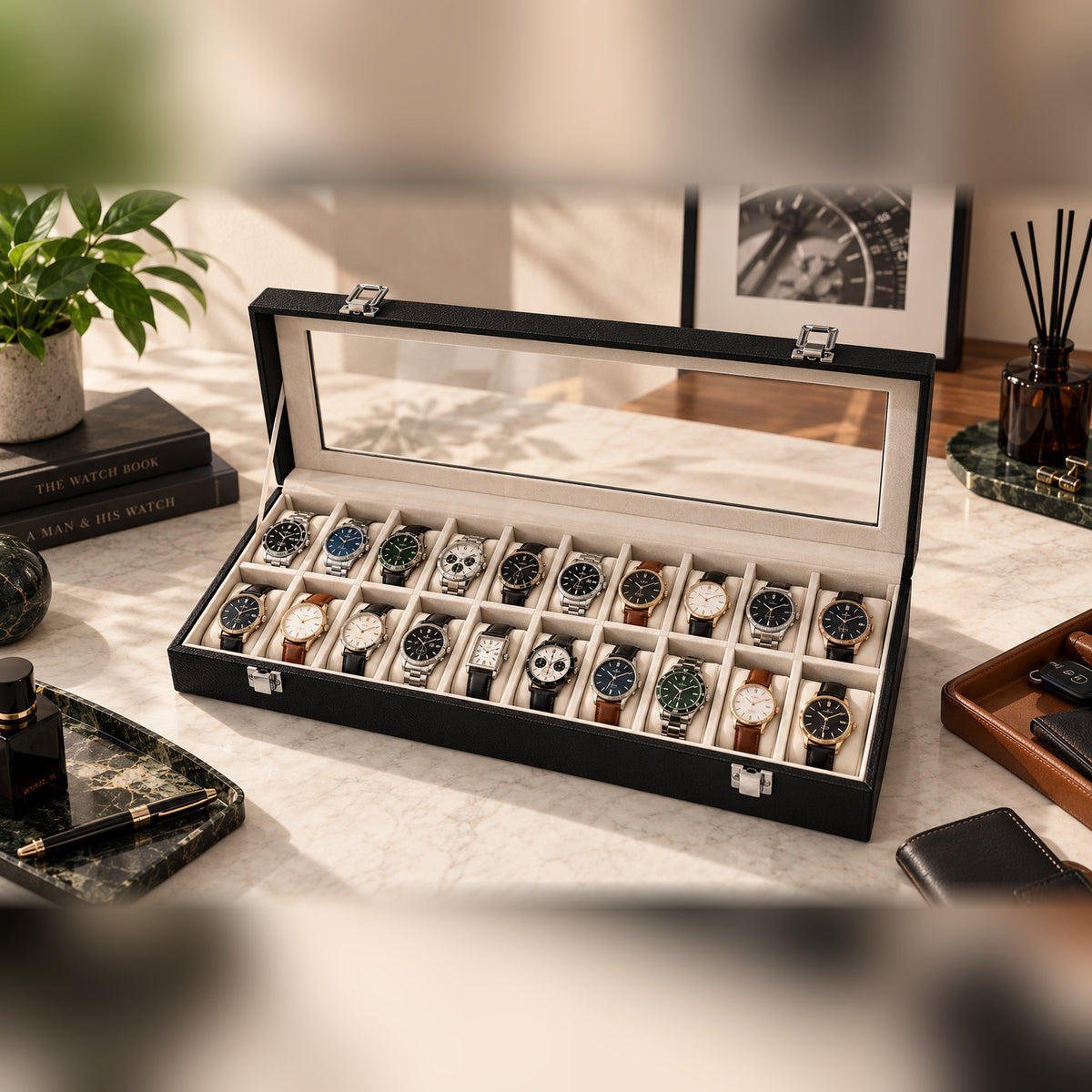 Black 20-slot watch organizer filled with watches, displayed open on a marble tabletop in a premium home setting
