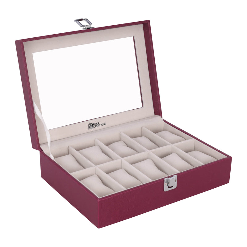 Folk Creations Watch Accessories 10 Slots / Wine Stylish Watch Organizer Box | Glass Top watch-organizer-10-slots-wine