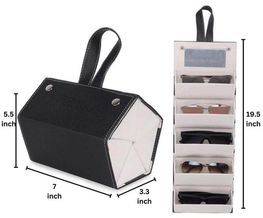Foldable five-slot sunglasses case, closed at 7 by 5.5 by 3.3 inches and unfolded to 19.5 inches with five pairs