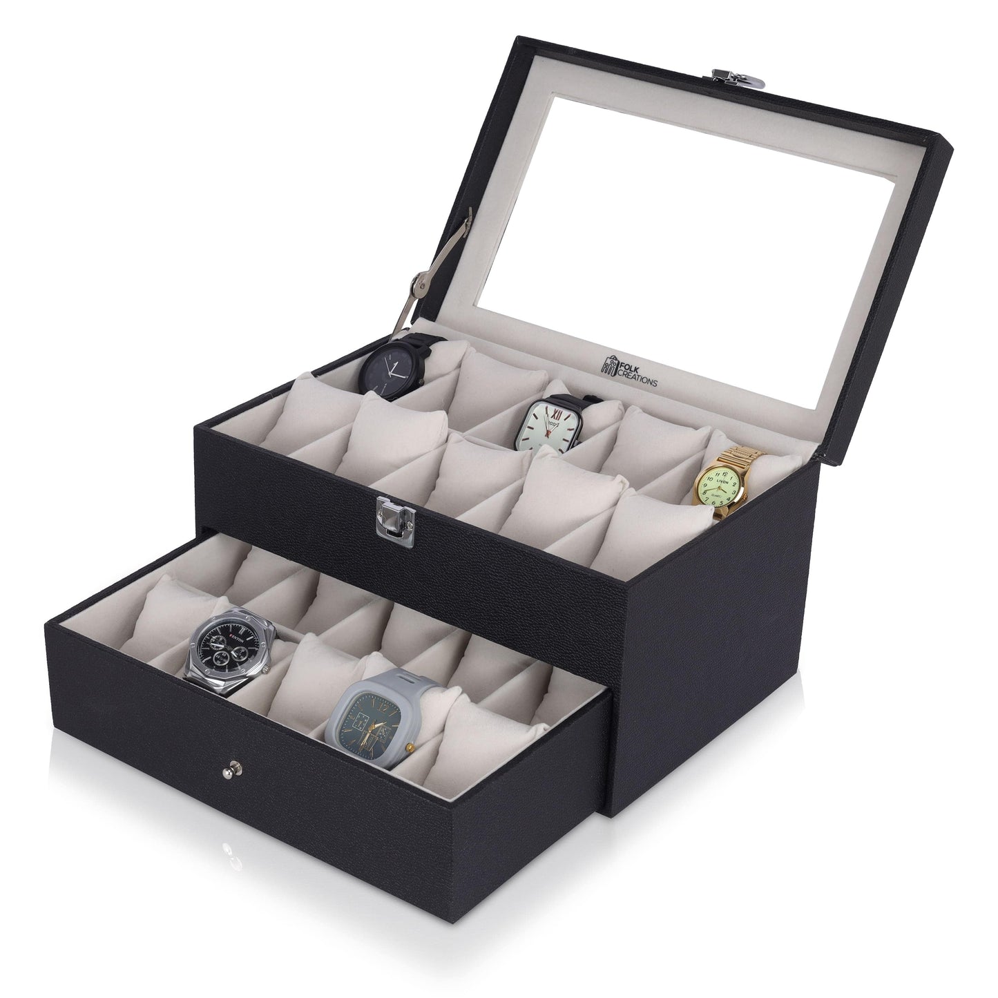 Folk Creations Watch Accessories 20 Slots / Black Premium Watch Box Organizer – Luxury Storage for Watch Collections watch-organizer-20-slots-black free shipping india-cash on delivery