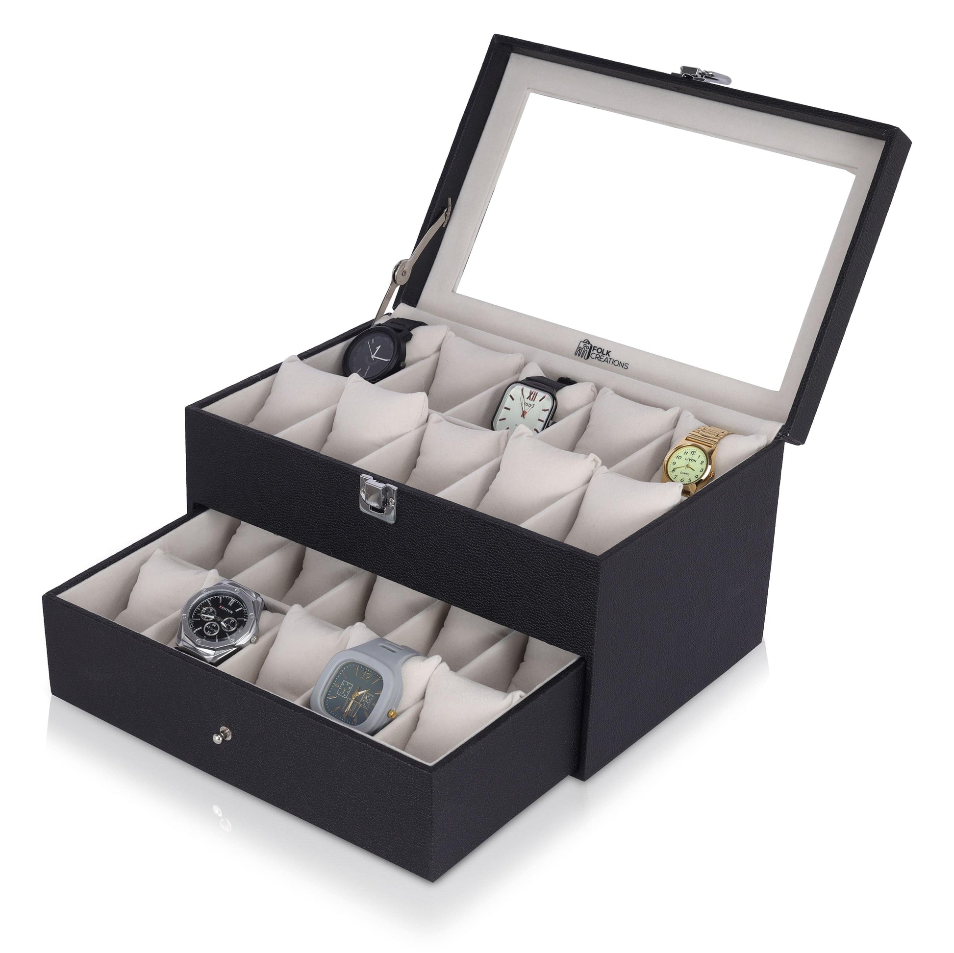 Folk Creations Watch Accessories 20 Slots / Black Premium Watch Box Organizer – Luxury Storage for Watch Collections watch-organizer-20-slots-black free shipping india-cash on delivery
